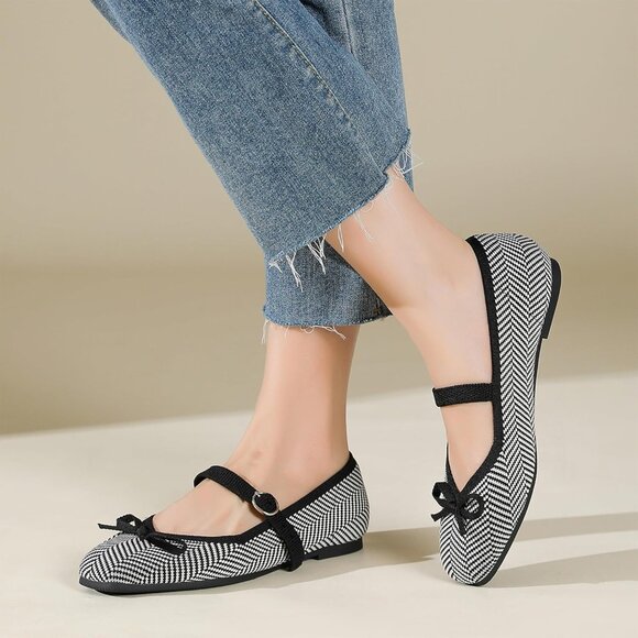 Women Black Striped Fabric upper and rubber sole Casual Flats with Ankle Strap - Picture 5 of 7